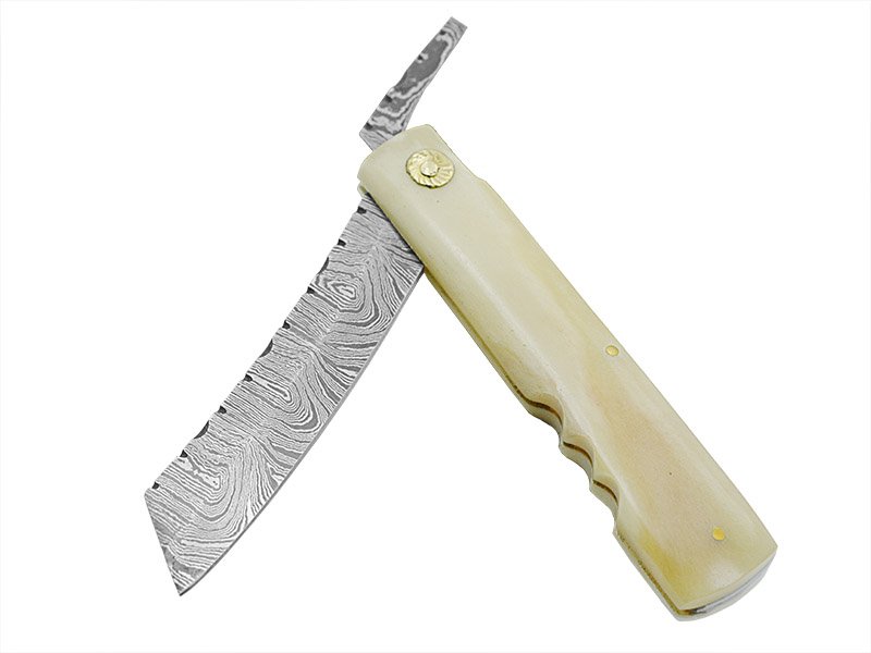 Canivete japones higonokami para colecionador em aço damasco. Empunhadura em chifre de boi, 20 cm