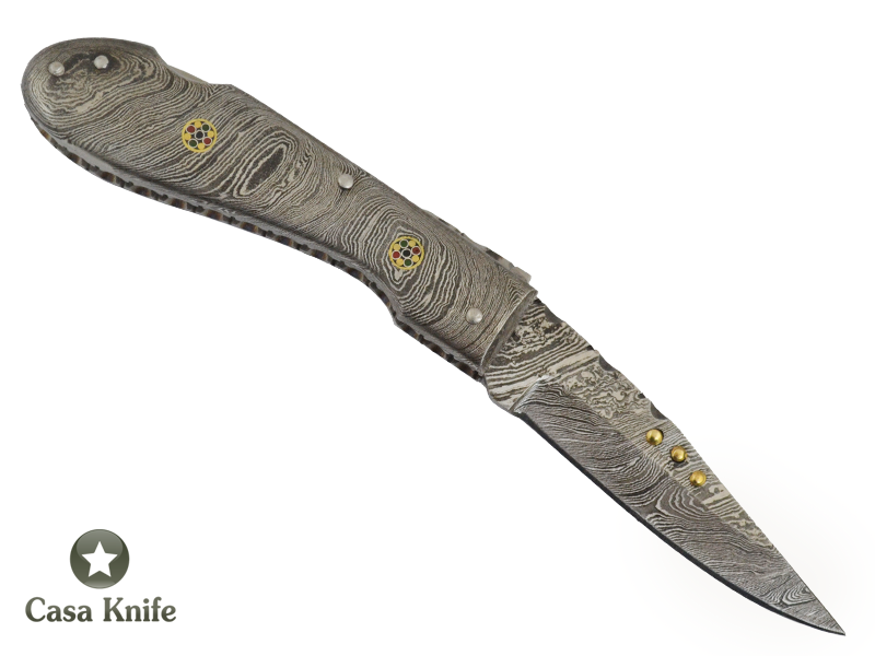 Canivete para colecionador com lâmina e empunhadura em aço damasco 19 cm