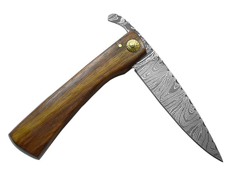 Canivete Friction Folder para colecionador forjado em aço damasco. Empunhadura em madeira teca, 21 cm