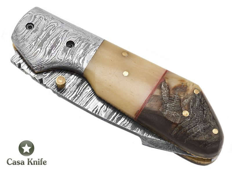 Canivete para colecionador em aço damasco com empunhadura em chifre de boi com chifre de carneiro merino 21 cm