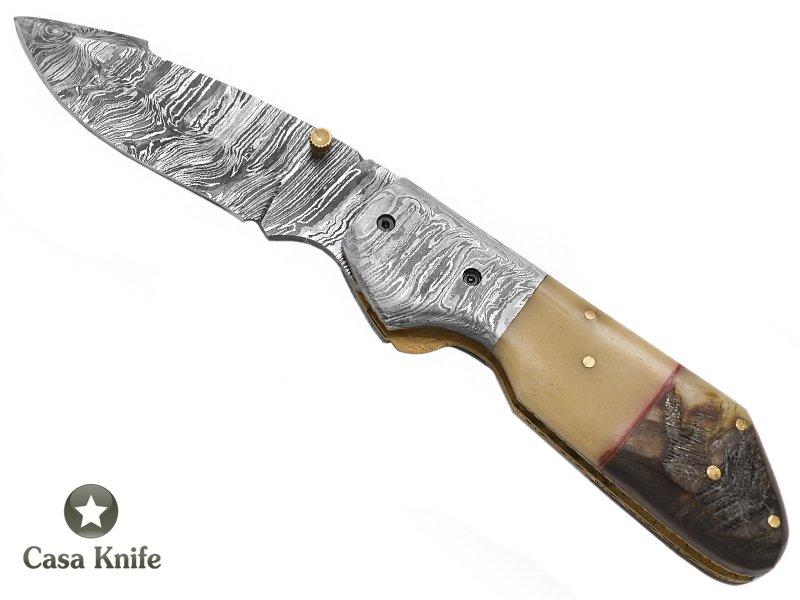Canivete para colecionador em aço damasco com empunhadura em chifre de boi com chifre de carneiro merino 21 cm