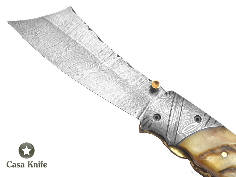 Canivete para colecionador forjado em aço damasco com empunhadura em chifre de carneiro, 22 cm