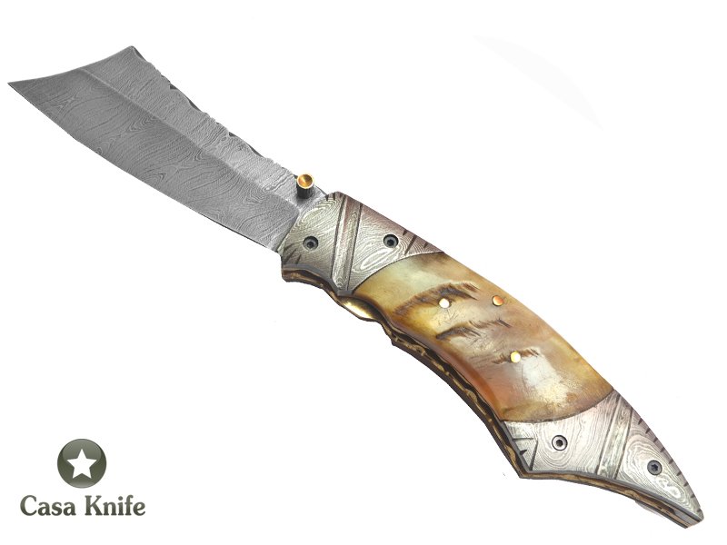 Canivete para colecionador forjado em aço damasco com empunhadura em chifre de carneiro, 22 cm