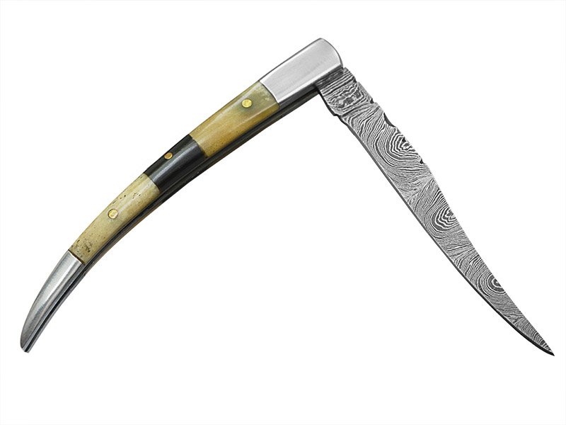 Canivete para colecionador forjado em aço damasco. Empunhadura em osso de boi e chifre de búfalo, 20 cm
