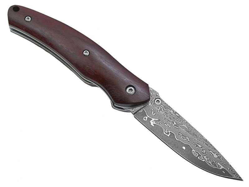 Canivete para colecionador em aço damasco com empunhadura em sândalo vermelho, 16 cm