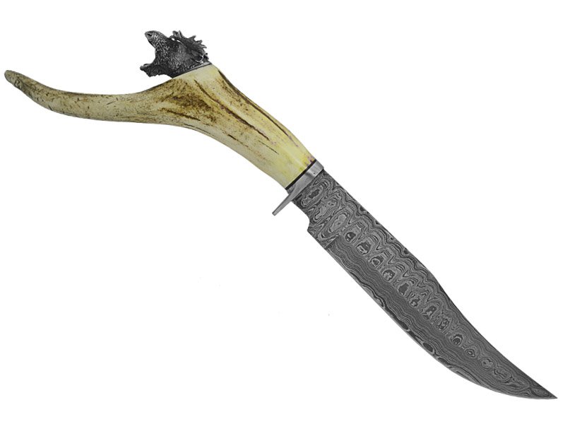 Adelar Filippon faca bowie para colecionador forjada em aço damasco. Empunhadura em chifre de cervo, 42 cm