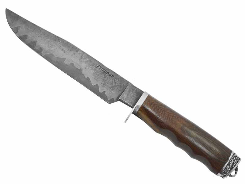 Adellar Filippon faca para colecionador em aço damasco. Empunhadura em madeira de ipê, 30 cm