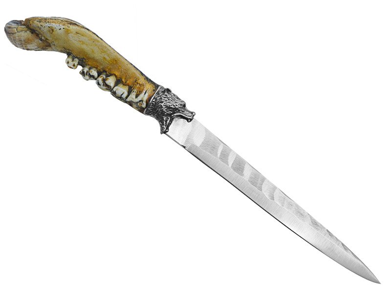 Adellar Filippon faca para colecionador em aço inox. Empunhadura em mandibula de javali, 31 cm