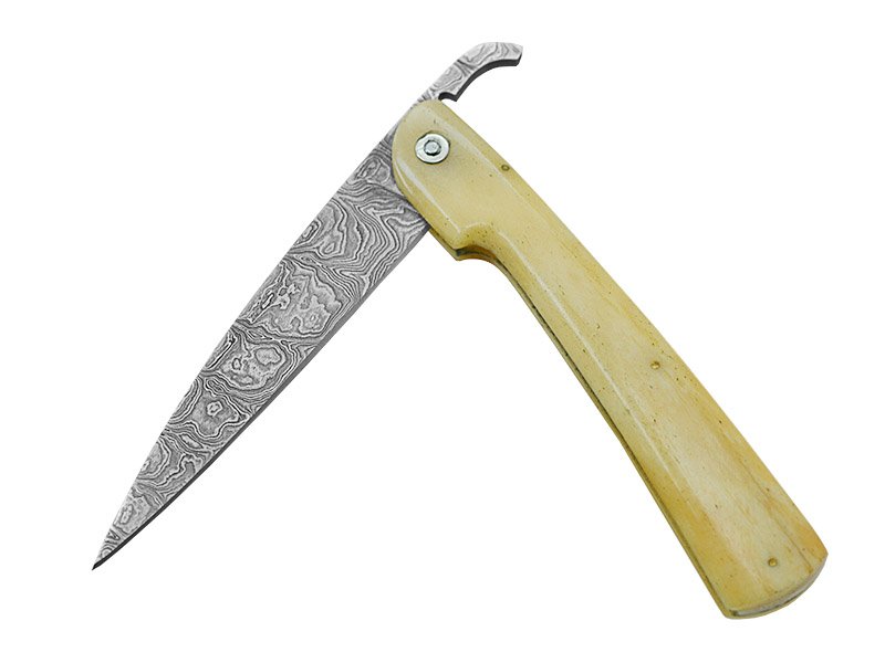 Canivete friction folder para colecionador em aço damasco. Empunhadura em osso, 21 cm