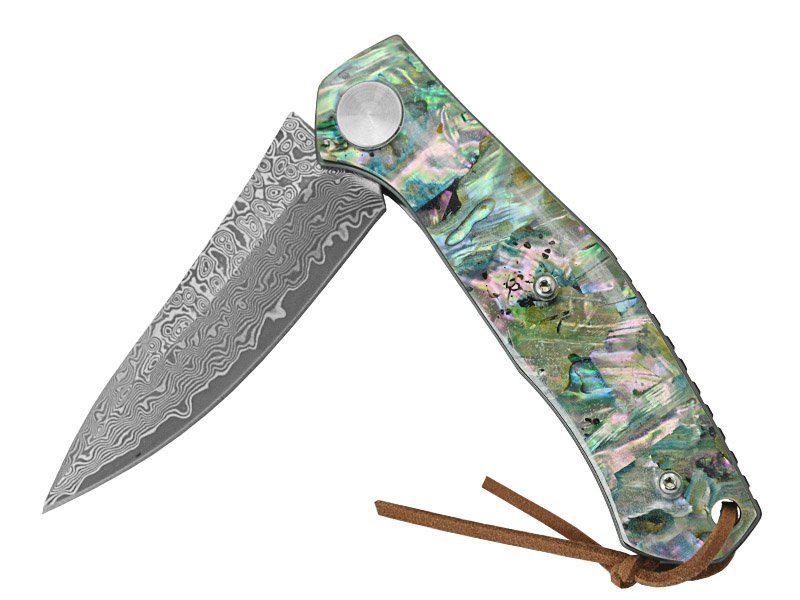Canivete para colecionador em aço damasco. Empunhadura em abalone natural, 19 cm