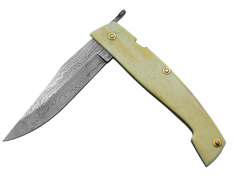 Canivete friction folder para colecionador em aço damasco. Empunhadura em osso, 20 cm