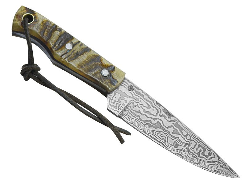 Adellar Fillipon faca para colecionador em aço damasco. Empunhadura em chifre de carneiro, 20 cm