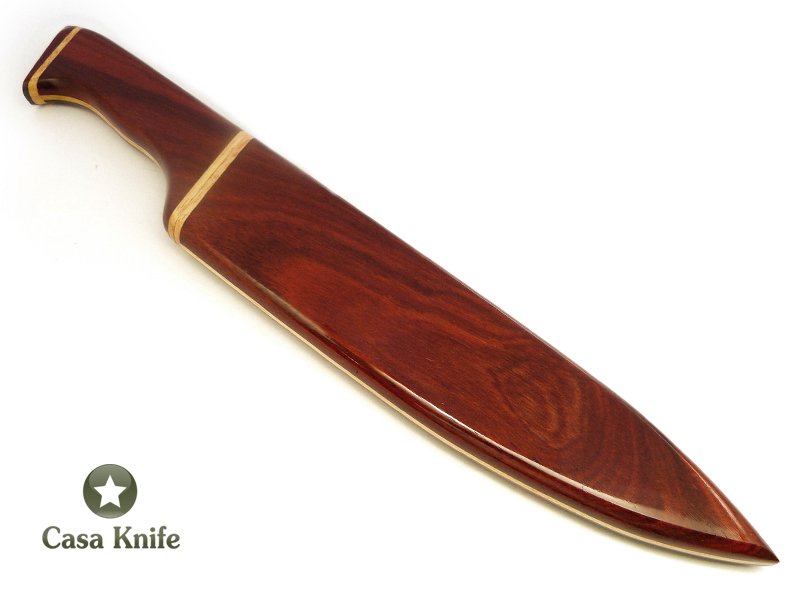 Conjunto com faca, garfo, e chaira em aço inoxidável com empunhadura em madeira pau-brasil e marfim