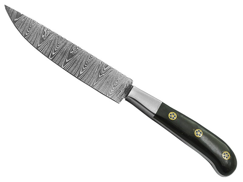 Conjunto de faca e garfo para colecionador em aço damasco. Empunhadura em chifre de boi