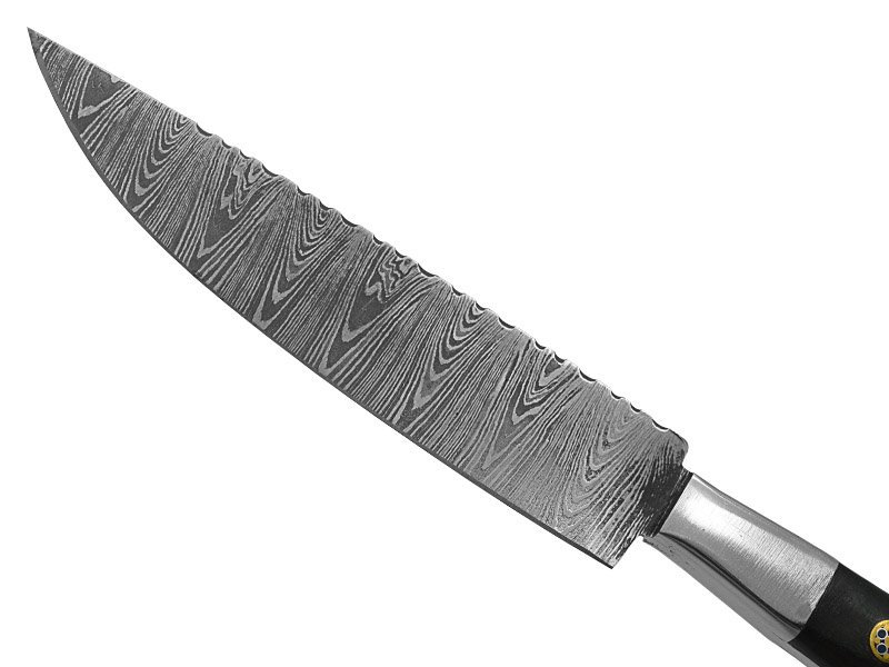 Conjunto de faca e garfo para colecionador em aço damasco. Empunhadura em chifre de boi
