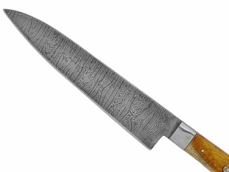 Faca Cheff para colecionador forjado em aço damasco. Empunhadura em madeira de guarapeira, 34 cm