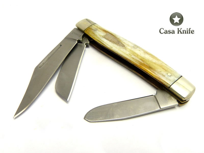 Imperial Schrade Canivete com três lâminas em aço inoxidável e empunhadura em celulóide imitando chifre de carneiro 22 cm
