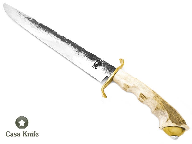 Indio faca Javalizeira para colecionador em aço carbono - Lima Grosa com empunhadura em chifre de cervo e bronze 45 cm