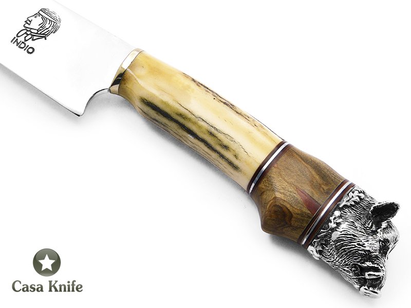 Indio faca para colecionador em aço carbono com empunhadura em chifre de cervo e guajuvira 33 cm
