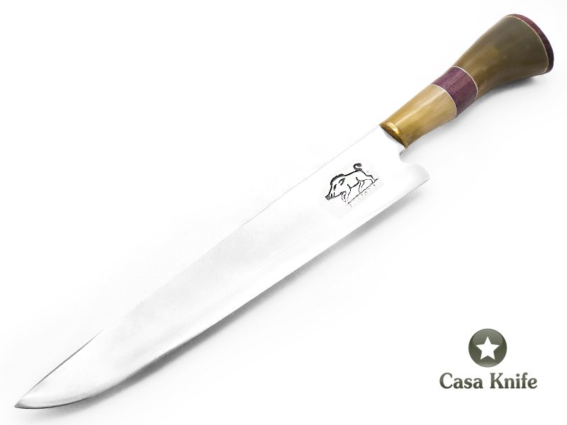 Javali faca para colecionador em aço carbono com empunhadura em osso e madeira 36 cm