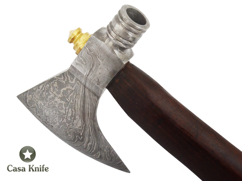 Machado Tomahawk Pipe para colecionador em aço damasco com empunhadura em madeira de jacarandá da Bahia, 44 cm
