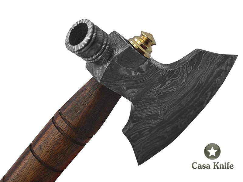 Machado Tomahawk pipe para colecionador em aço damasco com empunhadura em madeira de Jacarandá da Bahia, 53cm