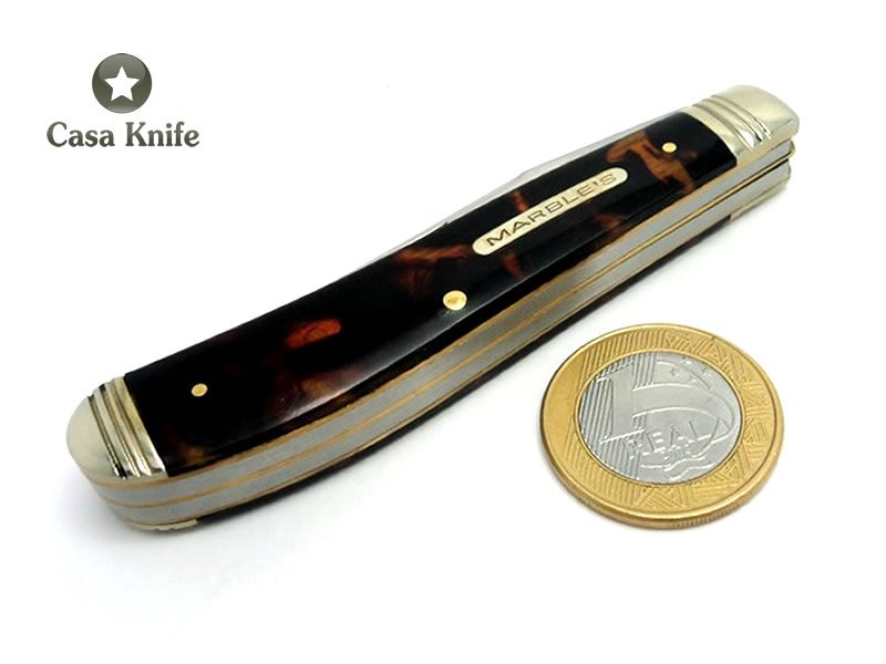 Marbles Canivete clássico com duas lâminas e empunhadura em resina imitando carapaça de tartaruga 17 cm