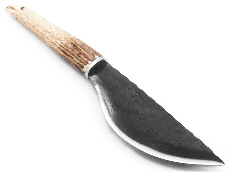 Sabre faca para correar em aço 1080 oxidado com empunhadura em chifre de cervo esculpido 29 cm