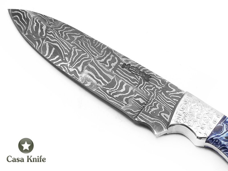 Viggo Mortensen faca fultang para colecionador em aço damasco padrão ' Mosaico ' , com empunhadura em acrílico estabilizado 30 cm