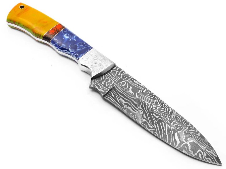 Viggo Mortensen faca fultang para colecionador em aço damasco padrão ' Mosaico ' , com empunhadura em acrílico estabilizado 30 cm