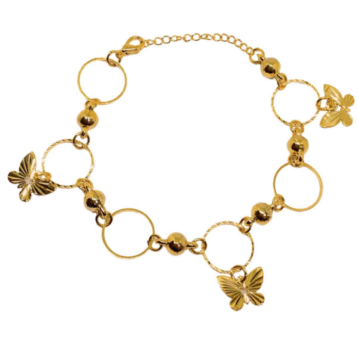 Pulseira dourada com argolas e borboletas