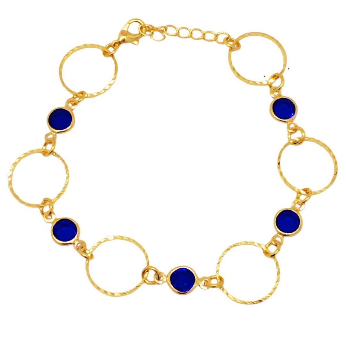 Pulseira dourada com círculos e pedras azuis