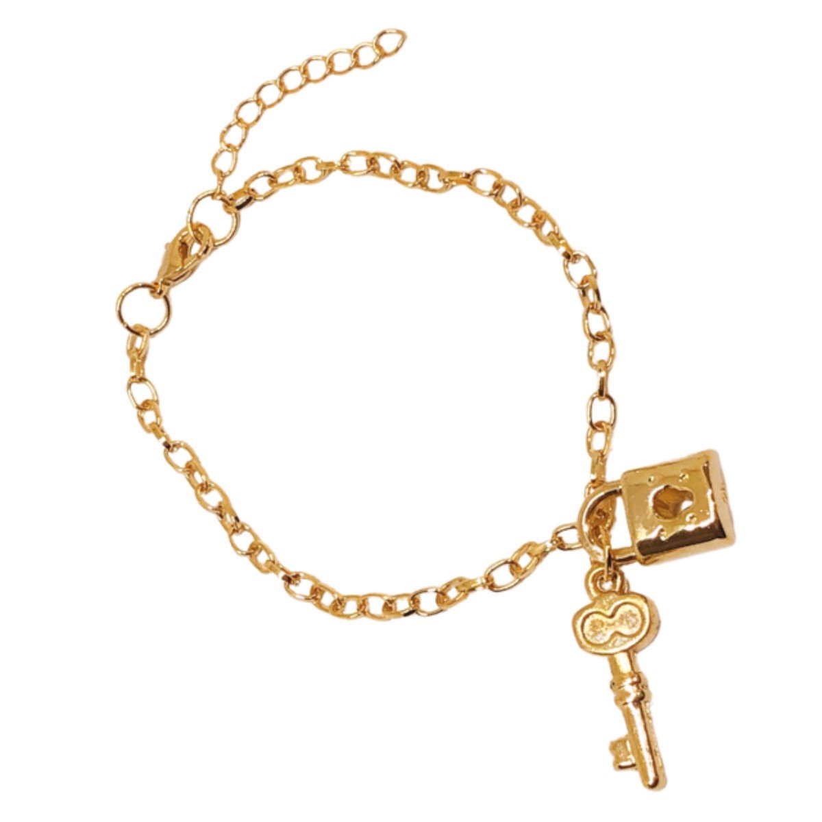 Pulseira dourada com pingente chave e cadeado