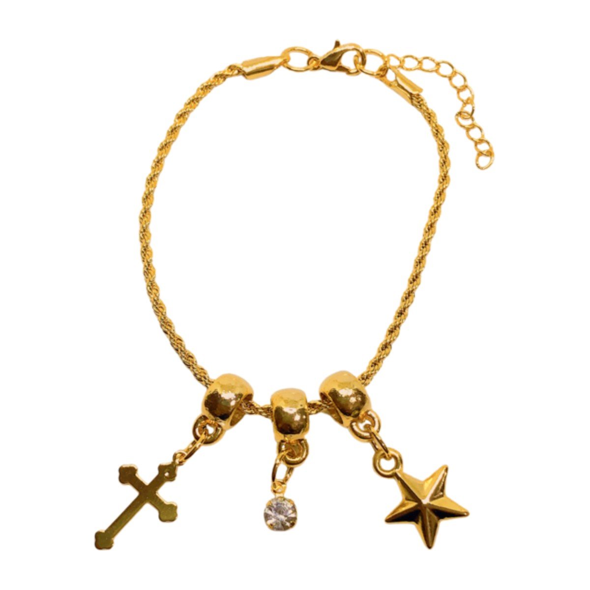 Pulseira dourada com pingentes estrela e cruz