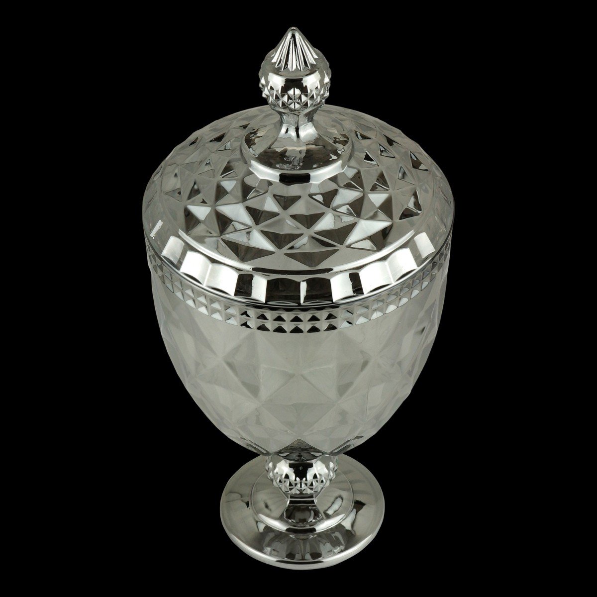 Potiche Decorativo c/pé de Cristal Diamond Cinza Metalizado 15x32