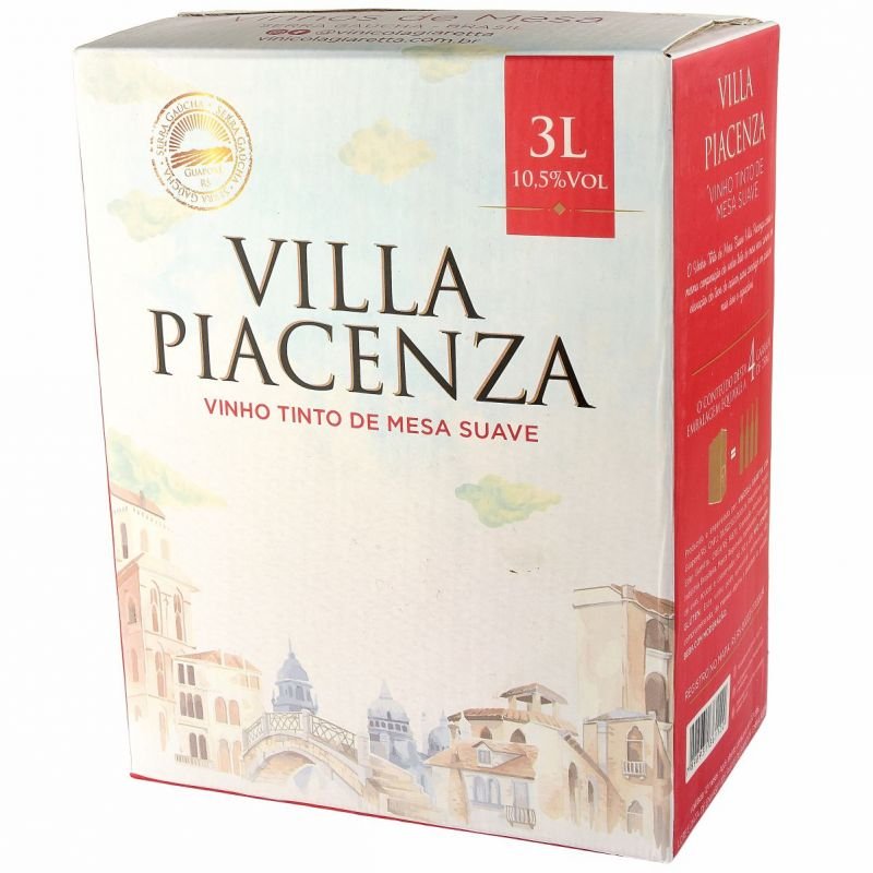 Bag in box Vinho de Mesa Tinto Suave 3L Villa Piacenza - Cx c/ 4 unidades