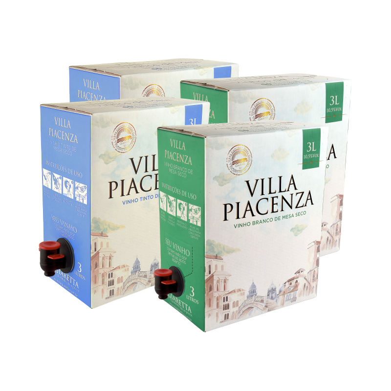 Combo Bag in box Vinho de Mesa Tinto e Branco Seco Villa Piacenza 3L - Cx c/ 4 unidades