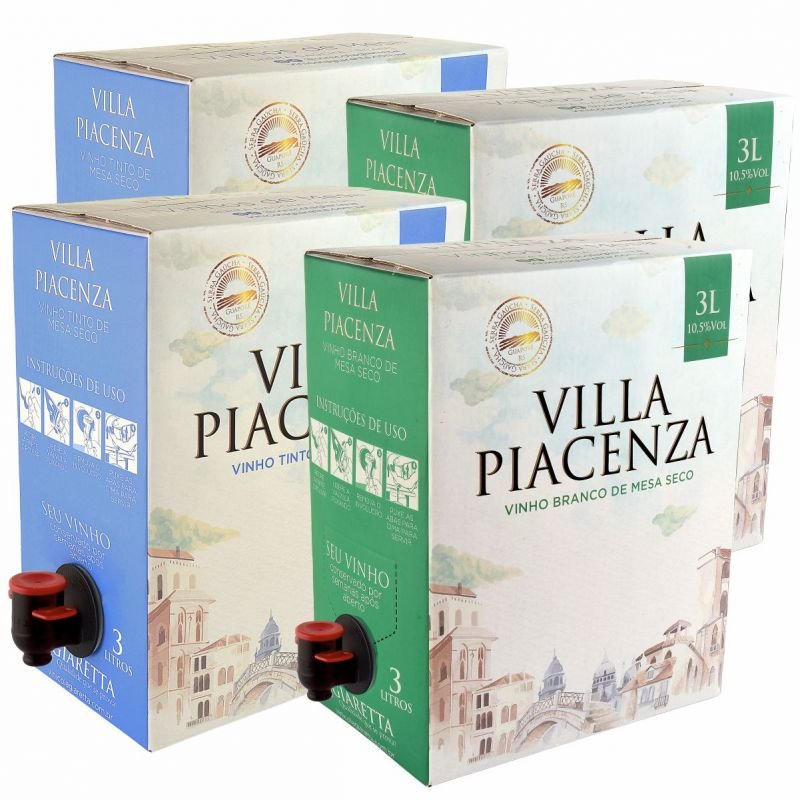 Combo Bag in box Vinho de Mesa Tinto e Branco Seco 3L Villa Piacenza - Cx c/ 4 unidades