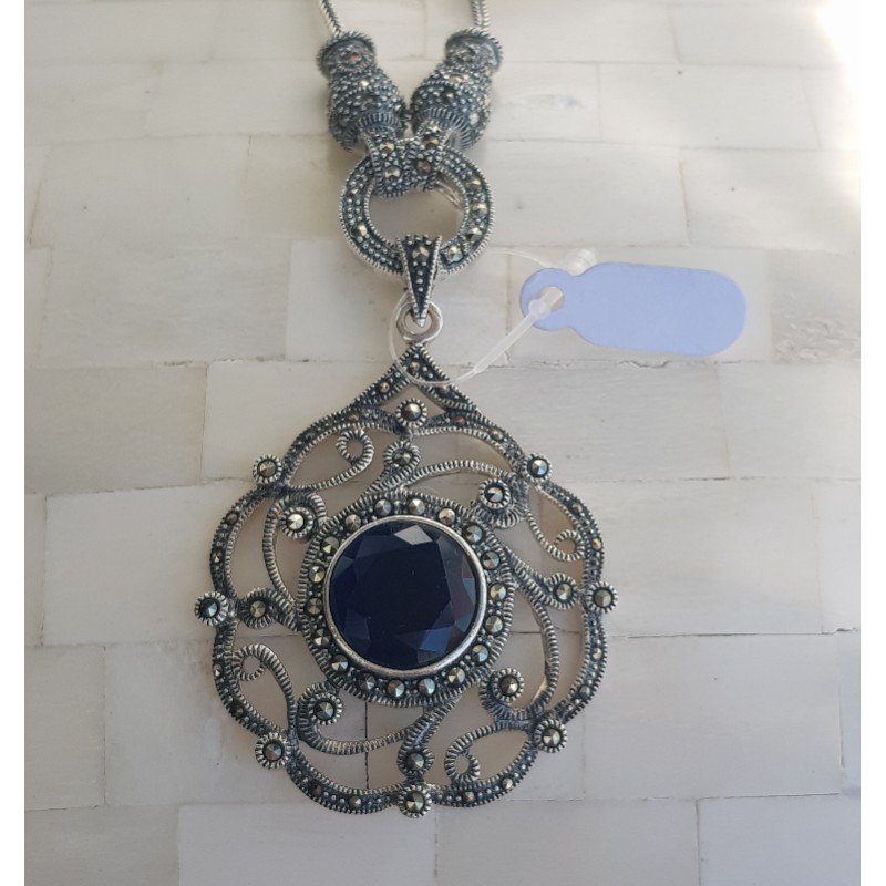 Pingente em Prata 925 com Pedra Azul e Marcassitas - 5,5cm