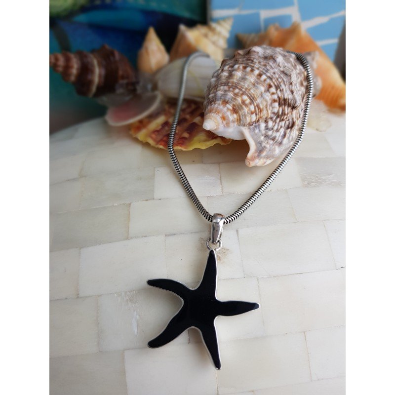 Pingente Estrela do Mar em Prata 925 com Ônix - 3,8cm