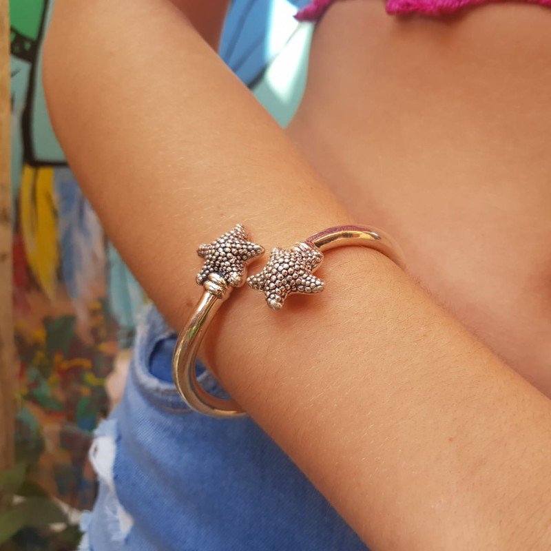 Pulseira Bracelete em Prata de Bali 925 - 2 Estrelas do Mar - 7cm diâmetro