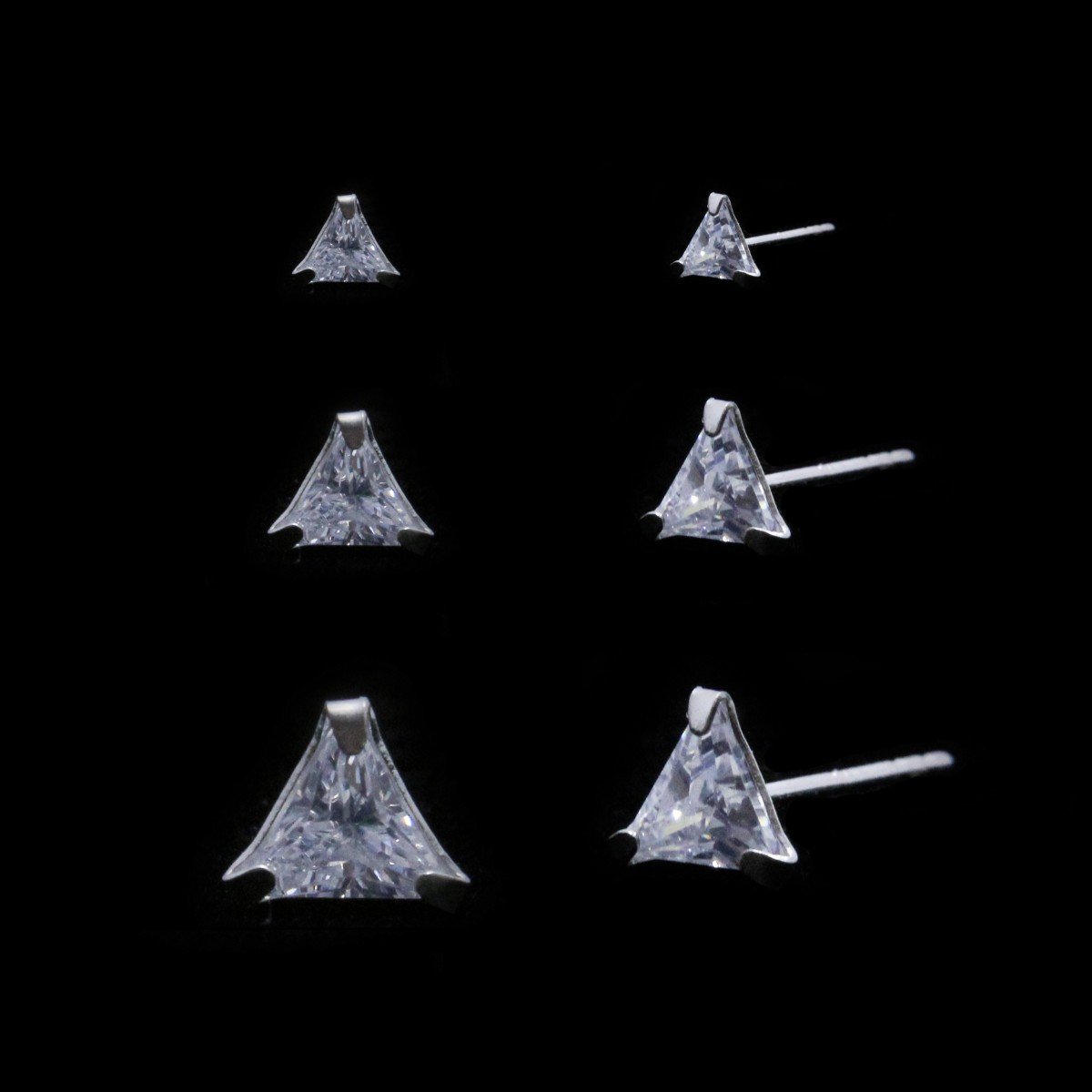 Trio de brincos de prata com zircônia em formato triangular