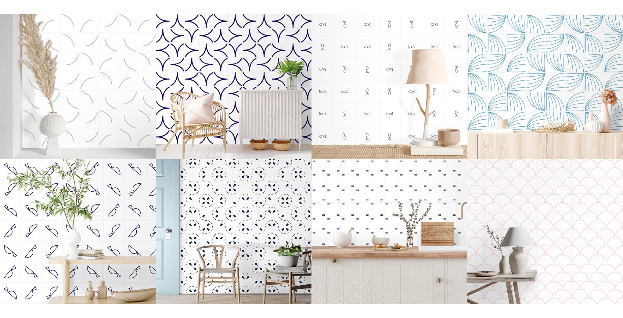 Diversas ilustrações de azulejos modernos compondo ambientes domésticos