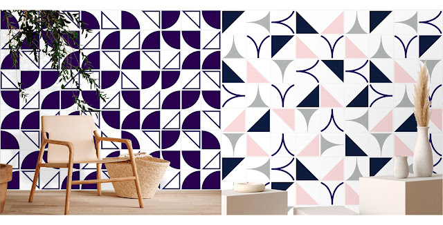 Duas ilustrações de azulejos modernos compondo ambientes domésticos, lado a lado