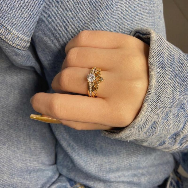 Anel duplo jack, 1 anel queen + 1 anel solitário, dourado - REF A363