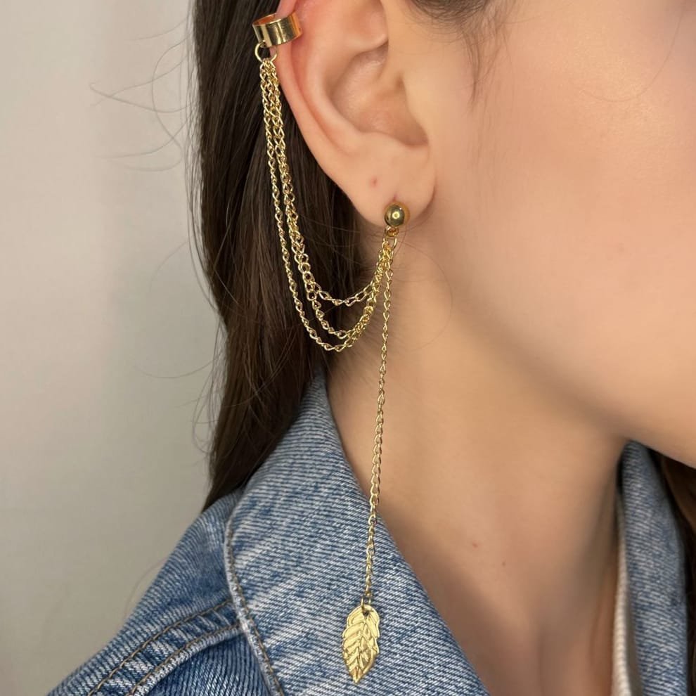 Brinco ear cuff, bohemia, folha, dourado- REF B887 (não é o par)