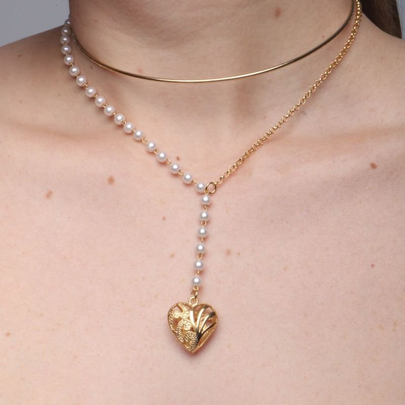 Colar médio, ale, cadeado, coração (arabesco), dourado - REF C145