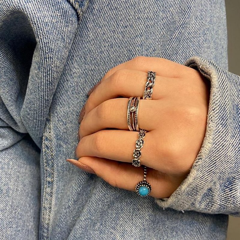 Conjunto de anéis com 4 peças, itália, azul, prateado envelhcido - REF K085