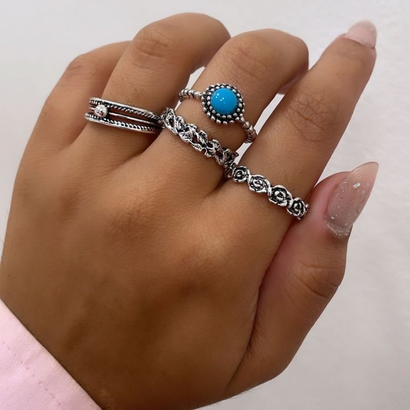 Conjunto de anéis com 4 peças, itália, azul, prateado envelhcido - REF K085