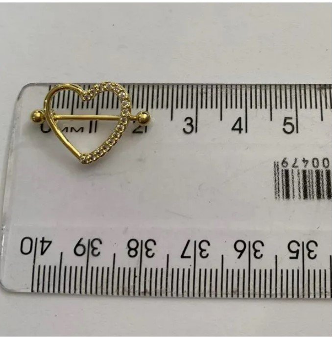 Piercing de furo, aço cirúrgico, mamilo, coração com strass (lateral I), dourado - REF X324